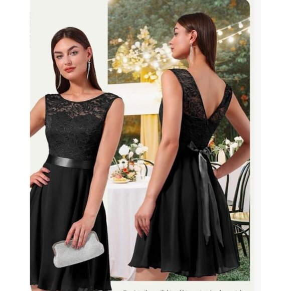 BeryLove Dresses & Skirts - Womens XL Elegant Black Lace Cocktail Party Dress Satin Bow & Mesh Skirt A-Line